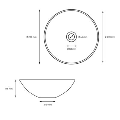 Lavabo à poser céramique blanc brillant ronde avec bonde vidange 280 x 116 mm