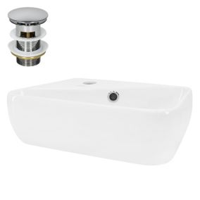 Lavabo à Poser en Céramique Blanc, 45 x 27 x 13 cm, Angulaire, avec Garniture de Vidage