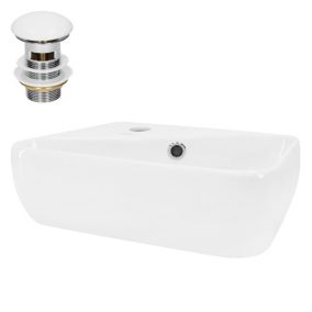 Lavabo à Poser en Céramique Blanc, 45 x 27 x 13 cm, Angulaire, avec Garniture de Vidage