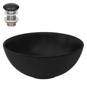 Lavabo à poser rond noir mat céramique avec garniture de vidage