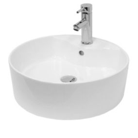 Lavabo Ronde en Céramique, 460x460x155 mm, Blanc, avec Garniture de Vidage