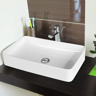 Lavabo Vasque en Céramique Rectangulaire avec Vidange Pop-up 60x35x11CM Vasque à Poser Blanc pour Salle de Bain Moderne