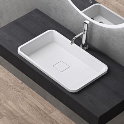 Lavabo vasque à Encastrer 53x33x10,5 cm, en Solid Surface, Rectangulaire, Blanc Mat, avec Cache Bonde, Colossum104, doporro