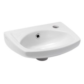 Lave-mains avec trou pour robinetterie sur la droite, trop plein, 35x28 cm, Blanc (EUR913)