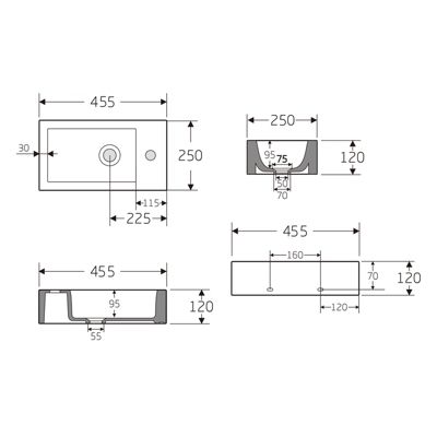 Lave-mains céramique KW302, 45,5 x 25 x 12 cm, blanc brillant Sans bonde, Rangement droite