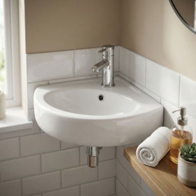 Lave mains d'angle en céramique blanc, l.38,5 x H.19 c P.38,5 cm, GoodHome Vedi