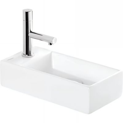 Lave-mains mural compact porcelaine SANINDUSA Note blanc cuve à droite 36x18 avec trou robinet (mitigeur et vidage non inclus)