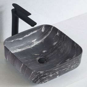 Lave-mains à poser céramique KW6134, 38,5 x 38,5 x 13,5 cm, Aspect marbre noir mat, Avec cache chrome
