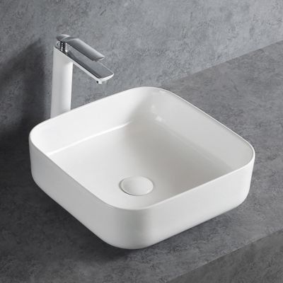 Lave-mains à poser céramique KW6134, 38,5 x 38,5 x 13,5 cm, Blanc brillant, Avec cache chrome