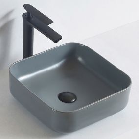 Lave-mains à poser céramique KW6134, 38,5 x 38,5 x 13,5 cm, Gris mat, Avec cache chrome