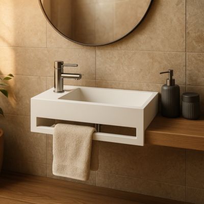 Lave-mains suspendu Blanc MONA G - Vasque rectangulaire en Solid Surface 50 cm - Lavabo mural design salle de bain moderne