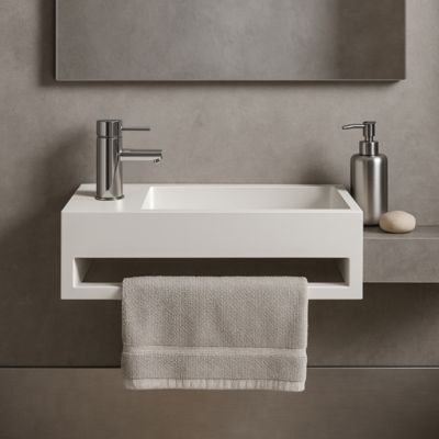 Lave-mains suspendu Blanc MONA G - Vasque rectangulaire en Solid Surface 50 cm - Lavabo mural design salle de bain moderne
