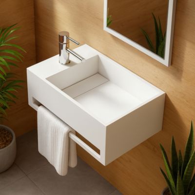 Lave-mains suspendu Blanc MONA G - Vasque rectangulaire en Solid Surface 50 cm - Lavabo mural design salle de bain moderne