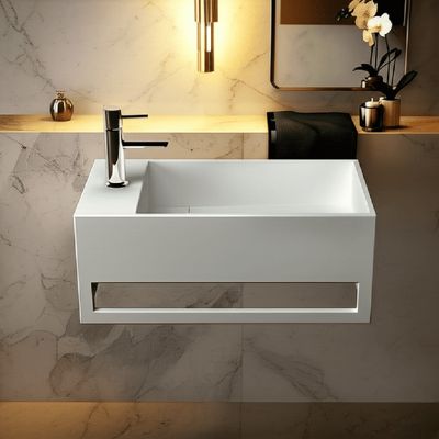 Lave-mains suspendu Blanc MONA G - Vasque rectangulaire en Solid Surface 50 cm - Lavabo mural design salle de bain moderne