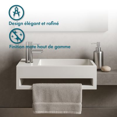 Lave-mains suspendu Blanc MONA G - Vasque rectangulaire en Solid Surface 50 cm - Lavabo mural design salle de bain moderne