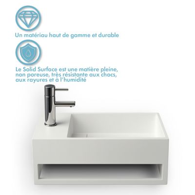 Lave-mains suspendu Blanc MONA G - Vasque rectangulaire en Solid Surface 50 cm - Lavabo mural design salle de bain moderne