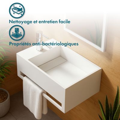 Lave-mains suspendu Blanc MONA G - Vasque rectangulaire en Solid Surface 50 cm - Lavabo mural design salle de bain moderne