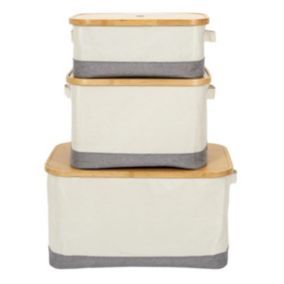 LAZEN - Lot de 3 Panières Bambou avec Couvercle Tissu Blanc et Gris