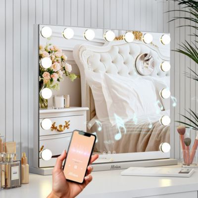 LED Miroir Maquillage Hollywood 58x48cm, 2 haut-parleurs Bluetooth, recharge USB & USB-C, Grossissement 10x, blanc