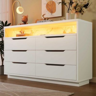 Lemonbest Buffet avec éclairage LED Moderne Commode Multifonctionnel 6 tiroirs pour Salon,Salle à Manger,Chambre 120x40x85cm Blanc