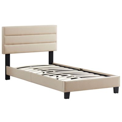 Lit 1 place FLORIDA 90x190 cm avec sommier, lit simple pour enfant ou adulte, hauteur réglable, lit en tissu beige