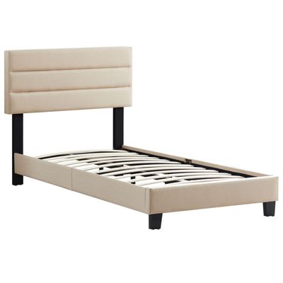 Lit 1 place FLORIDA 90x190 cm avec sommier, lit simple pour enfant ou adulte, hauteur réglable, lit en tissu beige