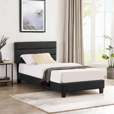 Lit 1 place HUDSON, 90 x 190 cm, capitonné avec sommier, revêtement synthétique noir