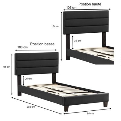 Lit 1 place HUDSON, 90 x 190 cm, capitonné avec sommier, revêtement synthétique noir