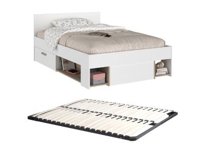 Lit 120 x 190/200 cm avec rangements - Blanc et naturel + Sommier - KINSELIA