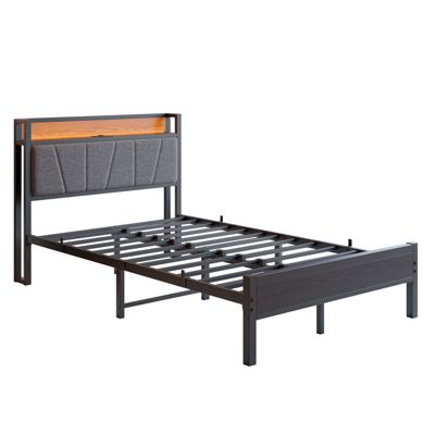 Lit 120x200 cm avec tête haute rembourrée et cadre métal, LED multicolores pilotables et station USB