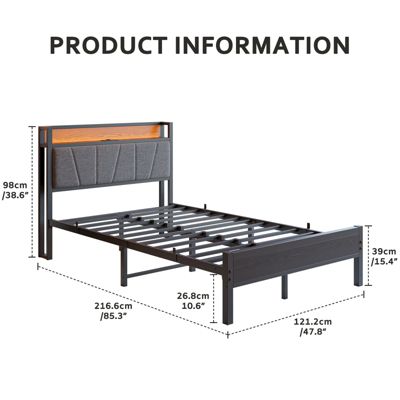 Lit 120x200 cm avec tête haute rembourrée et cadre métal, LED multicolores pilotables et station USB