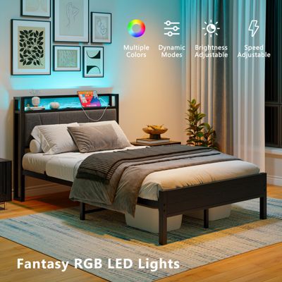 Lit 120x200 cm avec tête haute rembourrée et cadre métal, LED multicolores pilotables et station USB