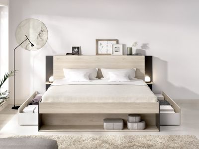 Lit 140 x 190 cm avec rangements - Coloris : Naturel et noir + Sommier - KEROSIA