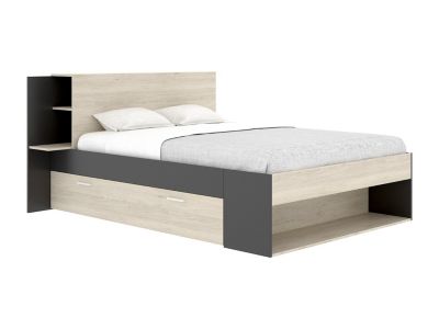 Lit 140 x 190 cm avec rangements - Coloris : Naturel et noir + Sommier - KEROSIA
