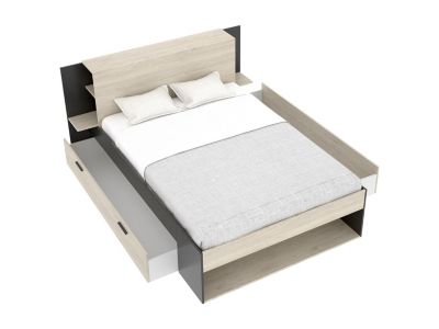 Lit 140 x 190 cm avec rangements - Coloris : Naturel et noir + Sommier - KEROSIA