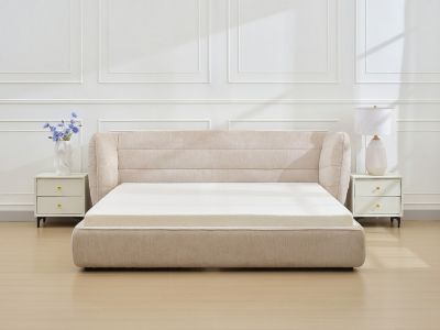 Lit 140 x 200 cm avec tête de lit incurvée - Tissu bouclette - Beige - LARUMO de Maison Céphy