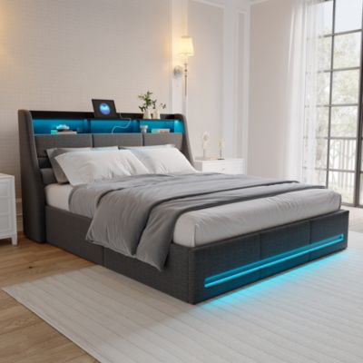 Lit 140x190 avec Sommier LED et USB, Lit Coffre avec Rangement et Tete de Lit, lit 2 persons de Rangement Hydraulique, Gris