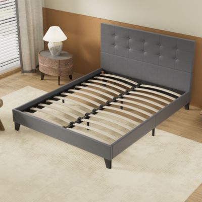 Lit 140x190 Cm Avec Tête De Lit Boutonnée Simili Gris