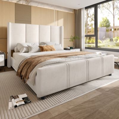 Lit 140x190 cm en velours beige avec tête de lit haute et ports USB