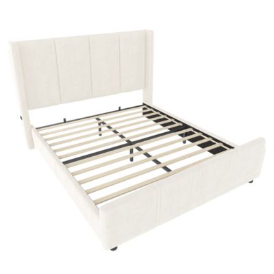 Lit 140x190 cm en velours beige avec tête de lit haute et ports USB