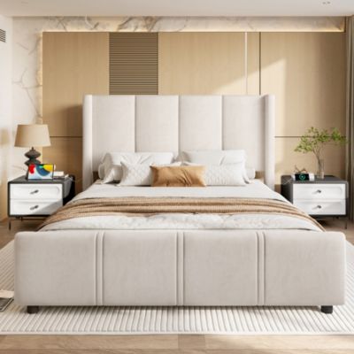 Lit 140x190 cm en velours beige avec tête de lit haute et ports USB