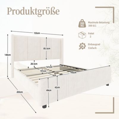 Lit 140x190 cm en velours beige avec tête de lit haute et ports USB