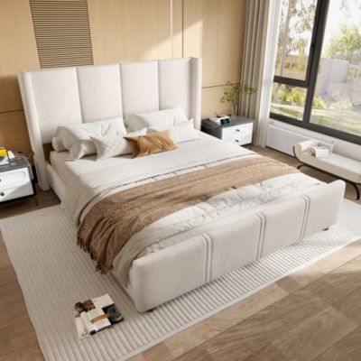 Lit 140x190 cm en velours beige avec tête de lit haute et ports USB