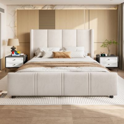 Lit 140x190 cm en velours beige avec tête de lit haute et ports USB