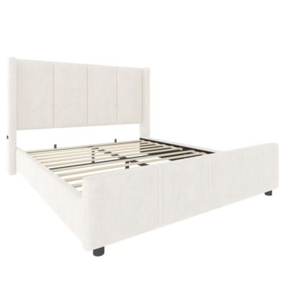 Lit 140x190 cm en velours beige avec tête de lit haute et ports USB