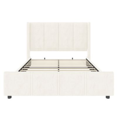 Lit 140x190 cm en velours beige avec tête de lit haute et ports USB