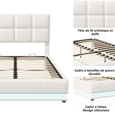 Lit Enfant 140x200 Avec Toboggan & LED - Sommier Lattes - Télécommande - Matière PU - Rose & Blanc
