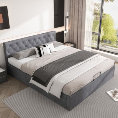 Lit 140 x 200 cm avec tête de lit capitonnée - Tissu - Gris + Matelas