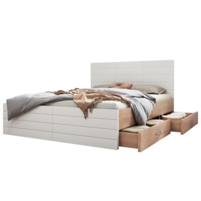 Lit 140x200 cm avec tiroirs modulables et grand rangement, bois massif/MDF, finition blanc et chêne clair