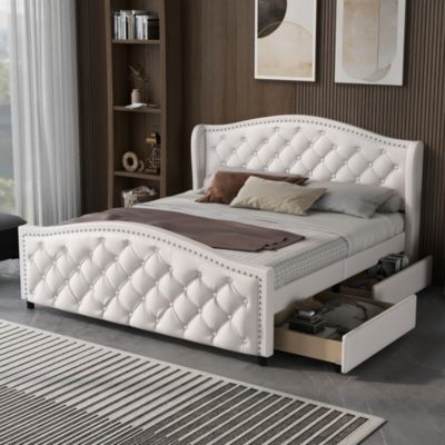 Lit 140x200 cm capitonné style Chesterfield avec tête haute et 2 tiroirs, cadre bois, revêtement PU blanc